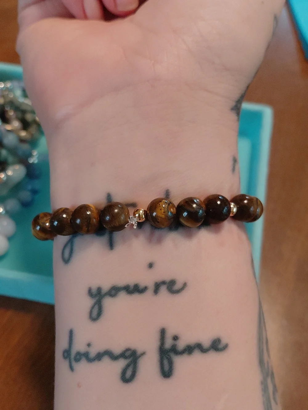 Tiger Eye Beaded Stretch Bracelet with Clear Aura Quartz